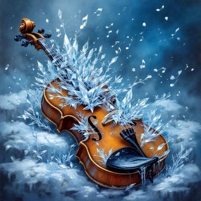 The primary subject of the image is a violin, which is the main object, scene, or focus of the image. The violin is placed on a surface with a backdrop of a cloudy sky. The visual style of the image is a painting, which gives it a more artistic and creative appearance. The colors and mood of the painting are predominantly blue and cold, creating a sense of tranquility and serenity.